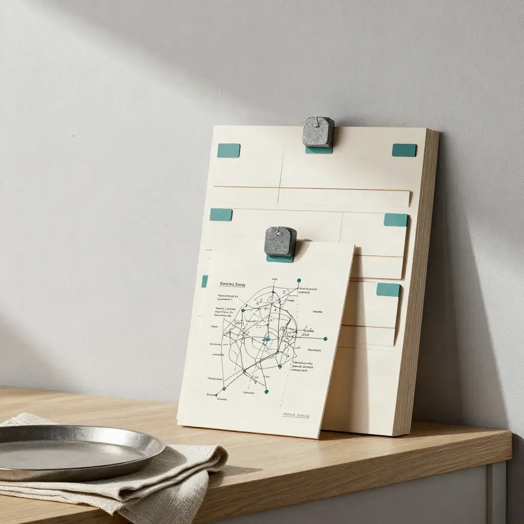 Ivory strategy cards with muted-teal tabs on a plaster wall, lit by soft daylight.