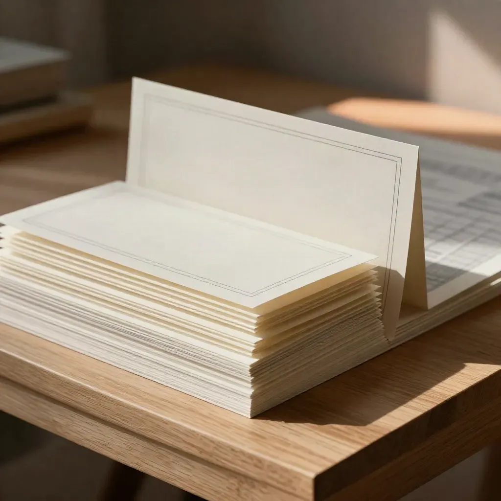 Macro of website wireframe cards and folded paper modules on a pale wood platform.