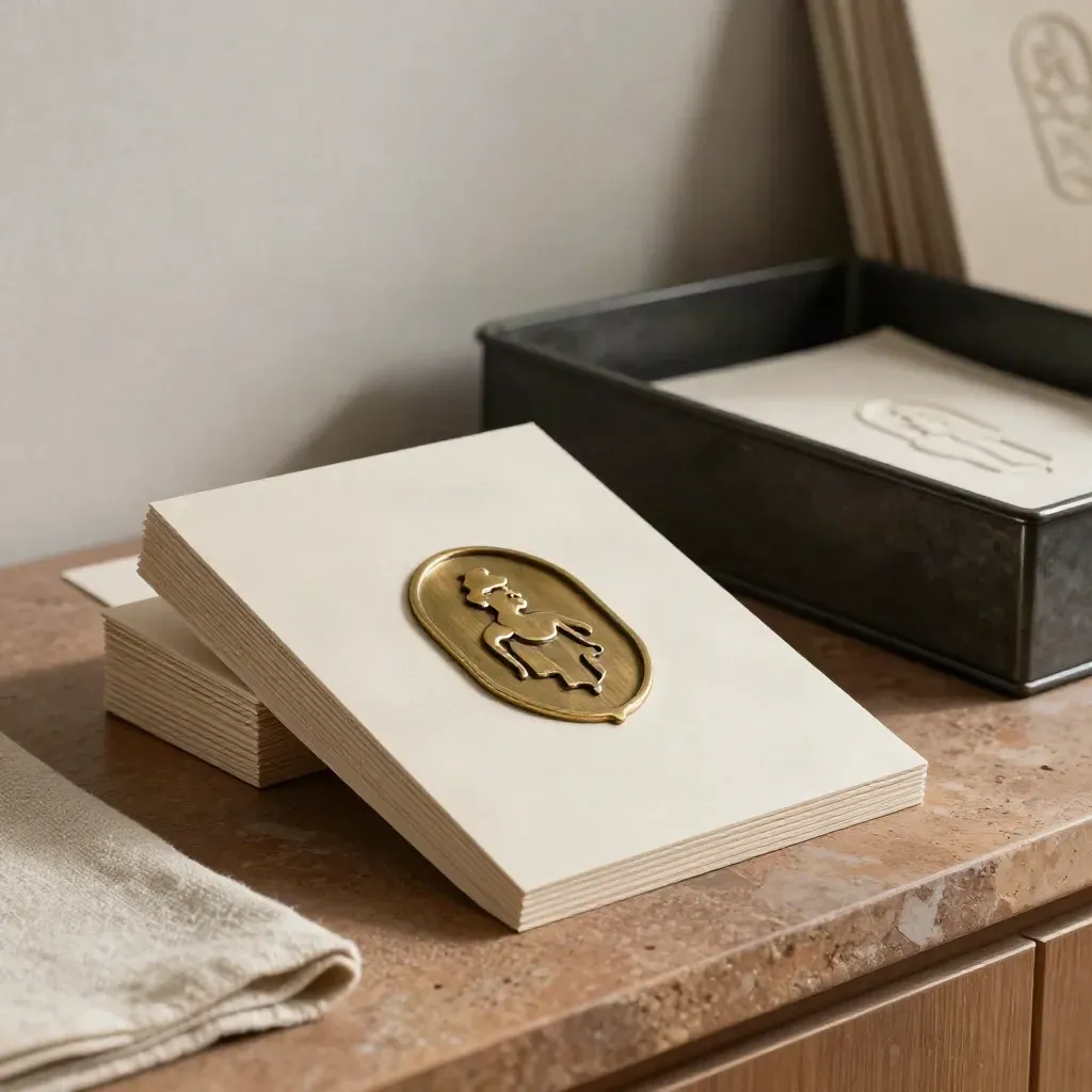 Brass logo sample and debossed paper identity tiles on a warm stone studio ledge.