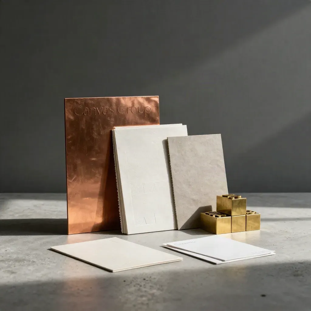 Brand identity materials on a studio floor under dramatic low light, copper panel glowing.