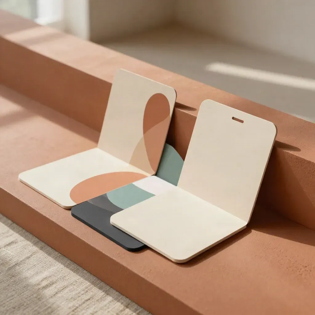 Abstract social post mockups, phone tile, and format chips on a warm terracotta surface.