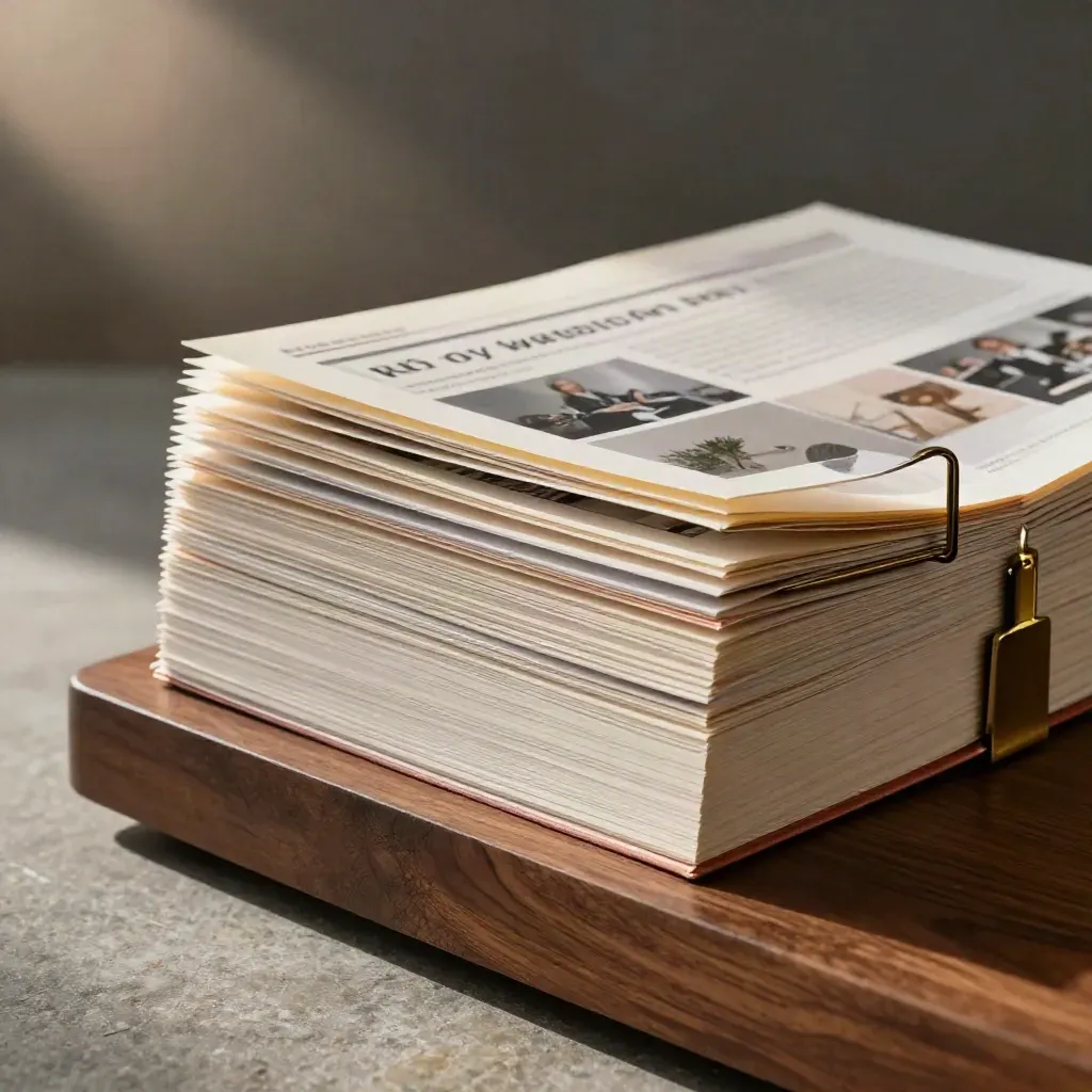 Polished pitch deck pages fanned on a walnut plinth with brass clip and translucent overlays.