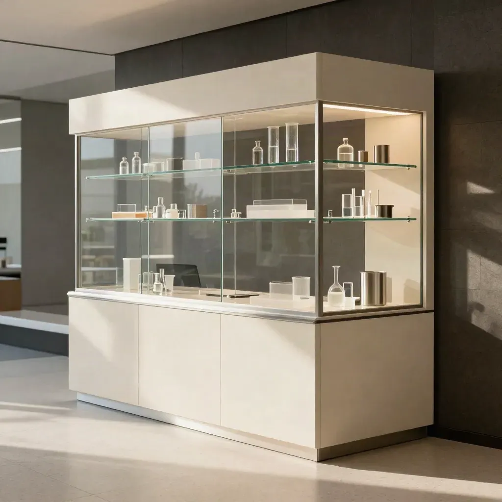 Biotech reception corner with frosted glass, ivory casework, and modular display wall