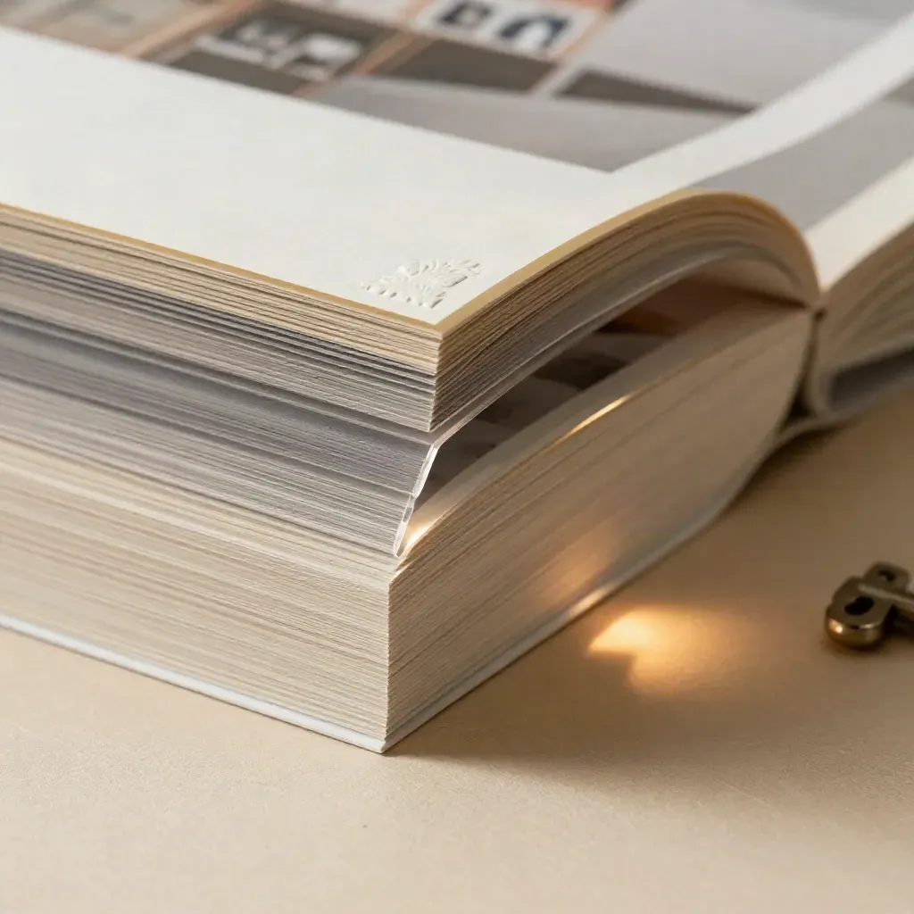 Close-up of layered paper stocks with embossed corners and acetate overlay in warm side light.