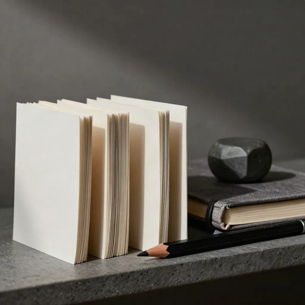 Index cards, notebook, stone paperweight, and pencil on a dark plaster shelf