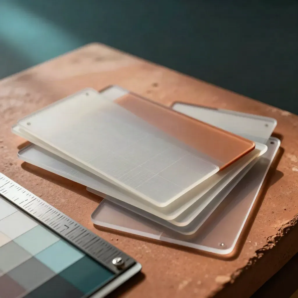 Macro of layered viewport cards, acetate grids and metal colour chips on terracotta clay.
