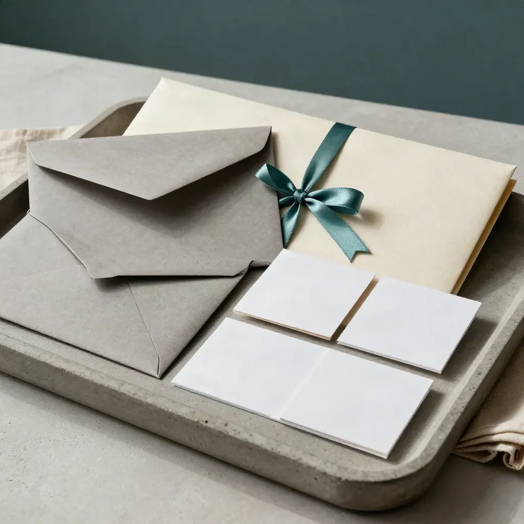 Sealed delivery package with ribbon-tied folder and blank cards on a stone tray
