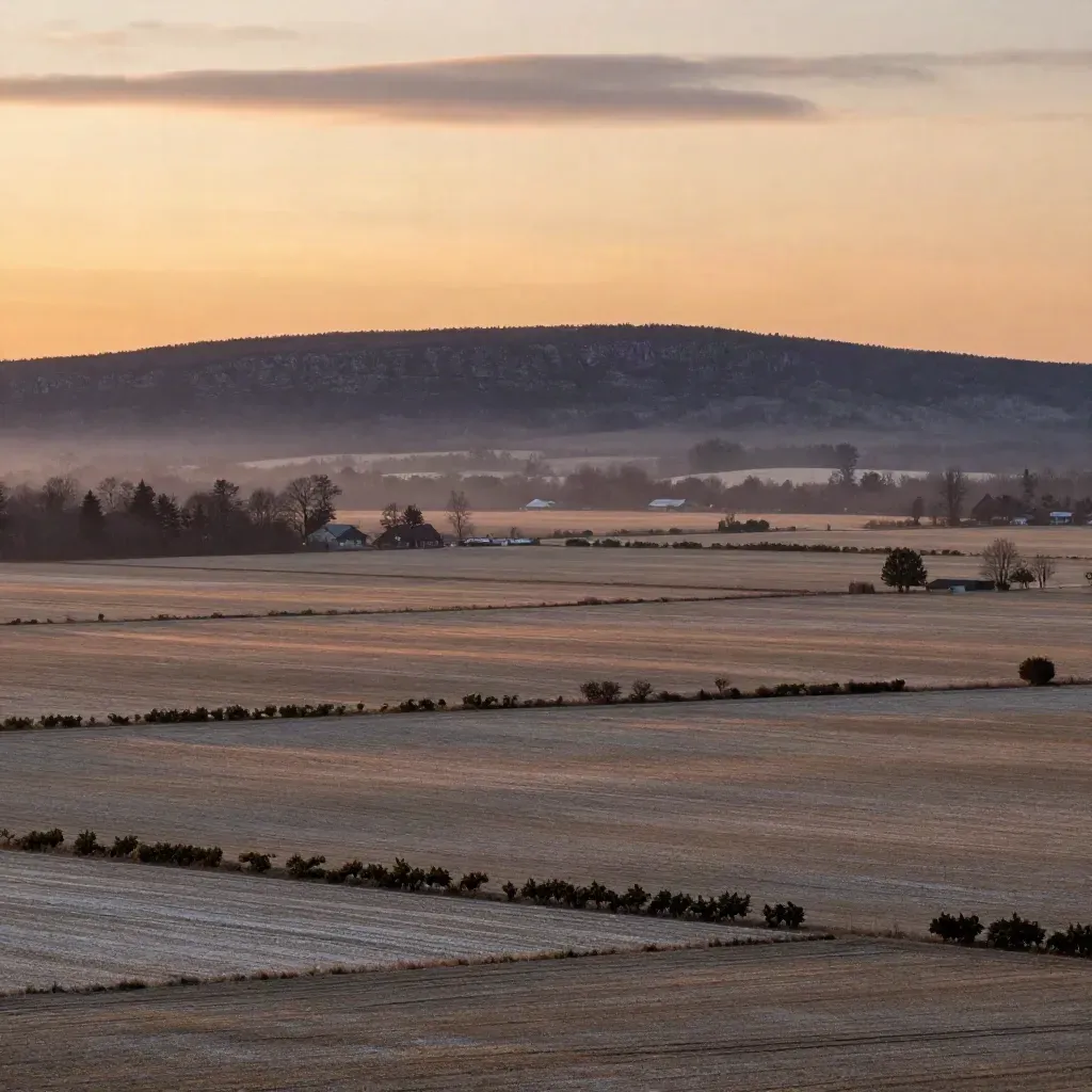 Soft winter farmland and the Niagara Escarpment glowing under haze at sunset.