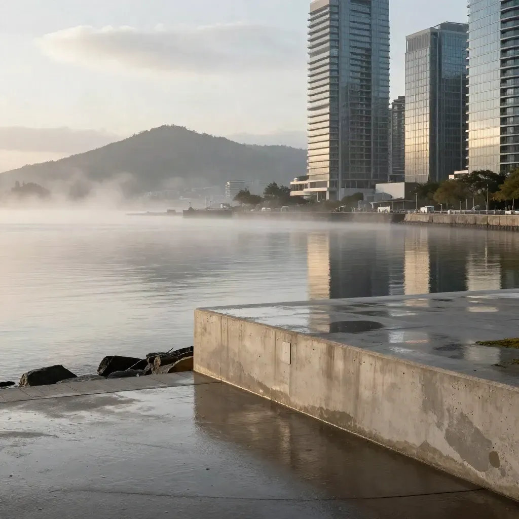 Misty Vancouver waterfront with towers, mountains, and calm water for headline copy.
