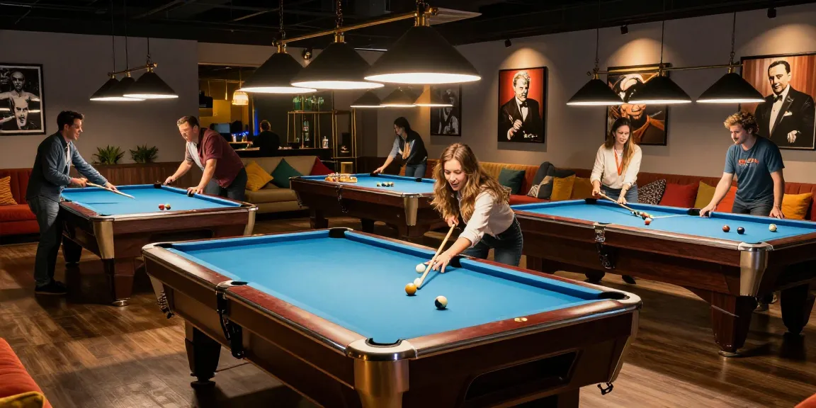 Social gatherings around pool tables Mississauga, friends enjoying game night in a stylish lounge.